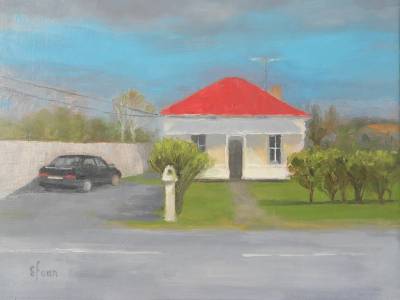 "The Red Roof Cottage" - Oil on canvas. - Painting by Sian Foan, an artist from Auckland, New Zealand.