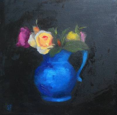 "Roses and Blue Jug(SALE)" - oil on canvas - Painting by Sian Foan, an artist from Auckland, New Zealand.