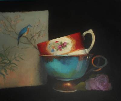 "Teacups and card" - oil on canvas - Painting by Sian Foan, an artist from Auckland, New Zealand.