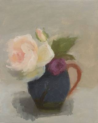 "White rose with Blue jug" - Oil on canvas. - Painting by Sian Foan, an artist from Auckland, New Zealand.