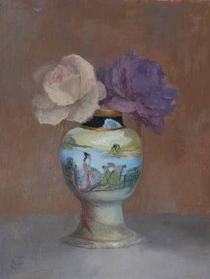 "Japanese Vase and Two Roses(SOLD)" - Painting by Sian Foan, an artist from Auckland, New Zealand.